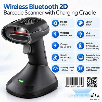 Lexues barkodesh Qoltec 52753, wireless Bluetooth, 1D 2D, i zi
