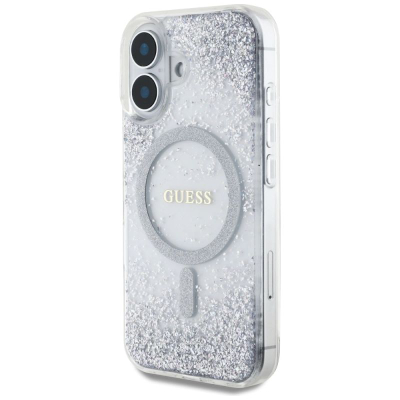 Mbulesë telefoni Guess HC Resin Bottom Glitter MagSafe për iPhone 16 6.1", transparente, argjendtë