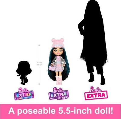 Kukull Barbie Extra Minis Travel, 14cm, me rroba dimri, shumëngjyrëshe