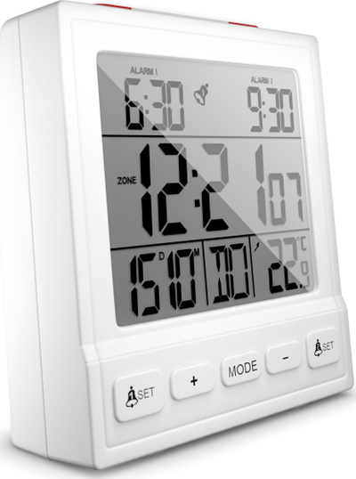 Radio alarm Mebus 56813, ekran i ndriçuar, me bateri AAA, i bardhë