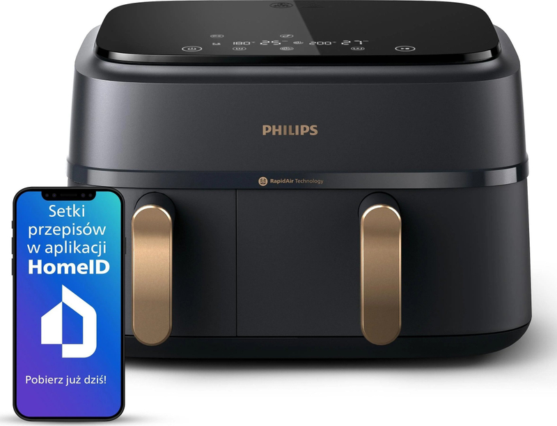 Fritezë me ajër Philips 3000 Series Dual Basket, sistem me dy shporta, gatim me pak vaj, e zezë