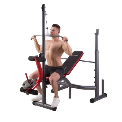 Stol multifunksional për shtangë HMS LS7206, me kabllo të sipërme, kapacitet 200 kg, gri me të kuqe