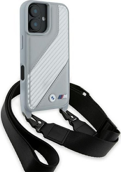 Kapak telefoni BMW M Series Carbon Stripe me rrip, për iPhone 16 6.1", efekt karboni, gri