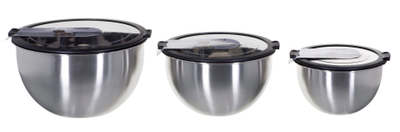 Set tasa kuzhine Gefu Mondi, 3 copë, çelik inox, me kapakë plastikë transparentë