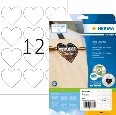 Etiketa vetëngjitëse HERMA Heart, në formë zemre 60mm, të bardha