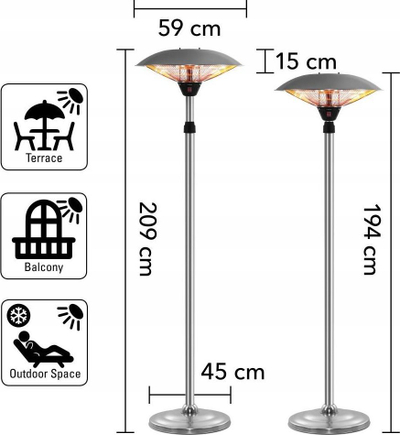 Ngrohës terase elektrik Trotec IRS 2020, 2000W, lartësi që rregullohet, ngjyrë argjendtë