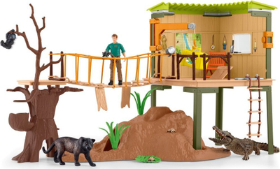 Set lojrash Schleich Wild Life Safari Ranger Adventure Station, figurina dhe aksesore, krokodil dhe panter e zez