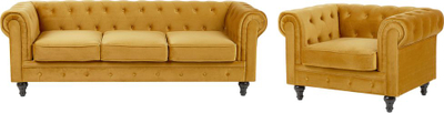 Set dhome dite CHESTERFIELD Velvet, komplet divan me fotelje, material kadife, ngjyrë mustardë e verdhë