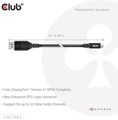 Adapter kabllor USB C në DisplayPort Club3D CAC-1563, 2 m, 8K, i zi