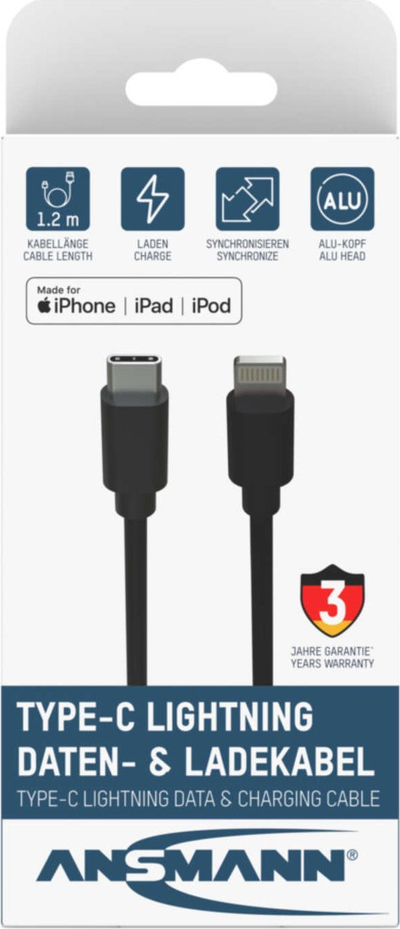 Kabllo USB Ansmann USB C Lightning, 1.2 m, e zezë