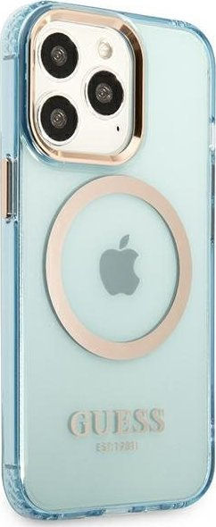 Kapak telefoni Guess GUHMP13LHTCMB për iPhone 13 Pro / 13 6.1", MagSafe, i tejdukshëm, blu me kontur ari
