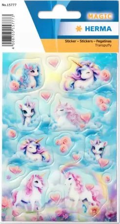 Декоративни налепници HERMA Sticker MAGIC Happy Unicorns, Transpuffy, повеќебојни