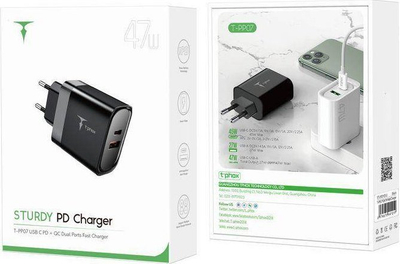 Karikues muri T-phox Study Series T-PP07, 47W, USB dhe USB-C, i zi