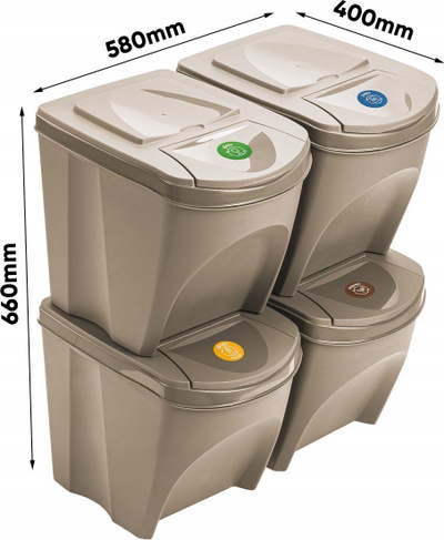 Set kosash riciklimi SORTIBOX ECO WOOD Naturo, 4x25L, plastike me dru, bezhë