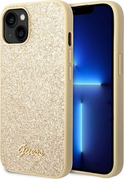 Mbulesë telefoni Guess Glitter Flakes me logo metal, për iPhone 14 Plus 6.7", gold