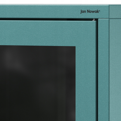 Vitrinë metalike Jan Nowak Gina, xham i kalitur, koleksioni Modern, blu deti