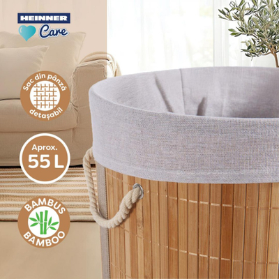 Shportë rrobash BAMBOO, rrumbullake 35x60 cm, 55 L, ngjyrë natyrale