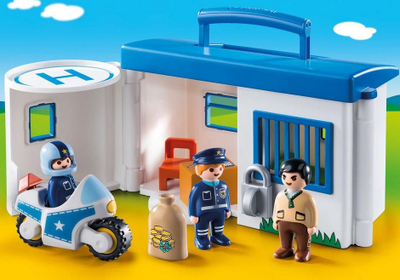 Lodër stacion policie Playmobil 1.2.3 9382, set me figura, me valixhe, shumëngjyrëshe