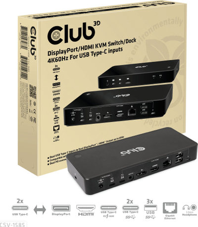 Switch KVM Club 3D CSV-1585, 2x USB Type-C, DisplayPort HDMI 4K 60Hz, i zi