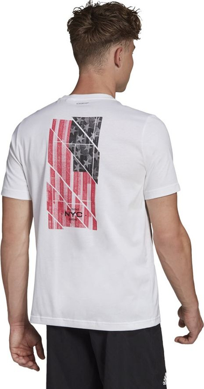 Bluzë sportive Adidas US për burra, me pamje grafike, e bardhë