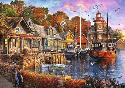 Puzzle Trefl Premium Plus Seaside Harbour, 1000 copa, peizazh nga deti, shumëngjyrësh