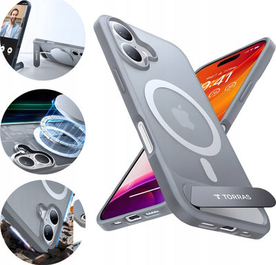 Mbështjellës telefoni Torras Pstand Series për iPhone 16 Plus, magnetik, me këmbë qëndrimi, gri titanium