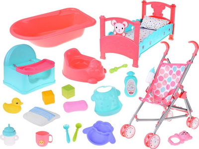 Set lodrash goc kukull Baby Doll, karrocë dhe shtrat, 35cm, rozë