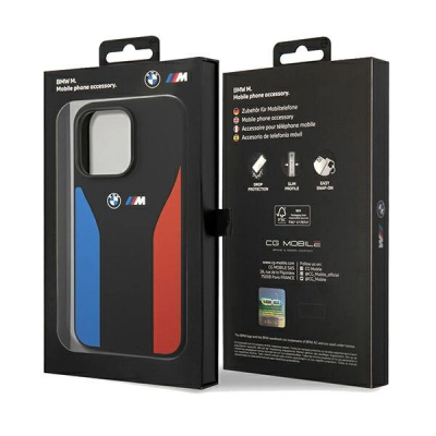 Këllëf telefoni BMW M Silicone për iPhone 15 Pro Max, me shirita blu edhe të kuq, i zi