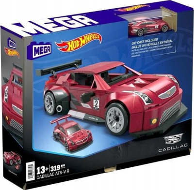 Set ndërtimi MEGA Hot Wheels Cadillac ATS-V R, 319 pjesë, model die-cast, i kuq