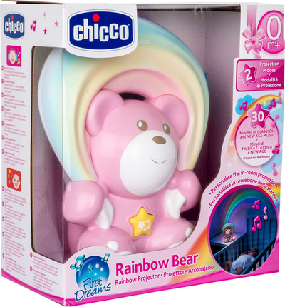 Lodër projektor për fëmijë Chicco Bear With Rainbow, me dritë ylberi, melodi relaksuese, rozë