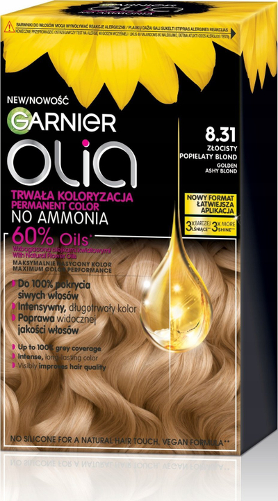 Ngjyrë flokësh Garnier Olia 8.31 Golden Ash Blonde, pa amoniak, e artë e ftohtë
