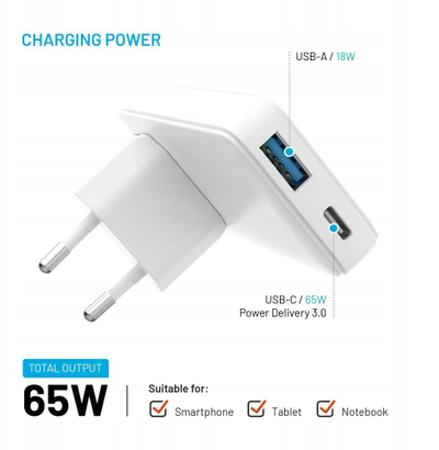 Karikues USB Fixed Slim Traveller, 65W, USB C dhe USB A, i bardhë