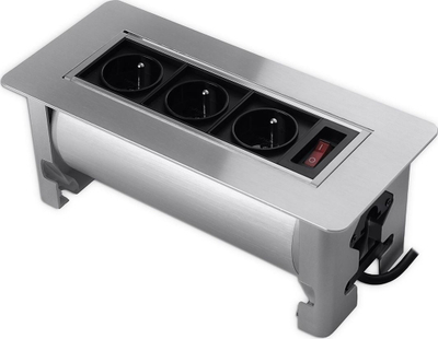 Prizë e integruar tavoline Rotary Lockable, 3x AC, buton ON OFF, inox