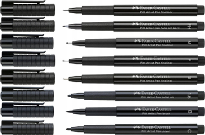 Set stilolapsash artistikë Faber-Castell PITT Artist Pen, 8 copë, bojë India e zezë, në portofol