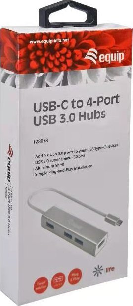 Hub USB Equip USB C në 4 porta USB 3.0, kompakt, gri