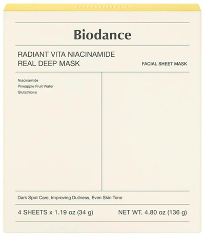 Maskë fytyre Biodance Radiant Vita Niacinamide Real Deep Mask, 4x34g, ndriçuese