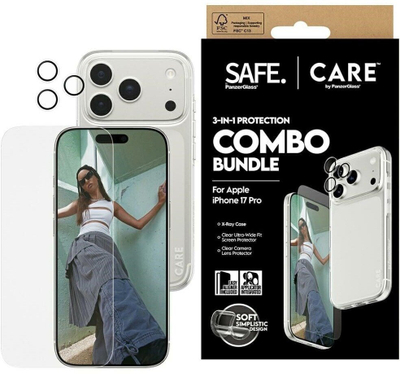 Set mbrojtës PanzerGlass SAFE CARE 3 in 1 për iPhone 17 Pro, xham mbrojtës, transparent