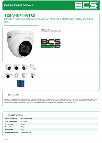 Kamerë dome IP BCS VIEW BCS-V-EIP44VSR3, 4MP, lente 2.8–12mm, e bardhë