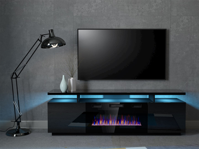 Komodë TV Cama Meble Eva me oxhak elektrik, 180x40x52 cm, MDF me shkëlqim, e zezë