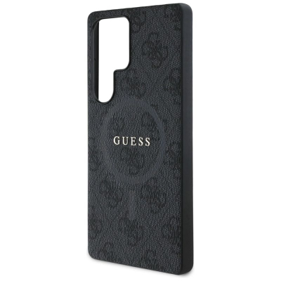 Kuti mbrojtëse Guess 4G Ring Classic Logo për Samsung Galaxy S25 Ultra, lëkurë, MagSafe, e zezë