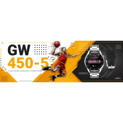 Smartwatch Giewont GW450-5, mat rrahjet e zemrës, Bluetooth, argjendt me rrip të zi