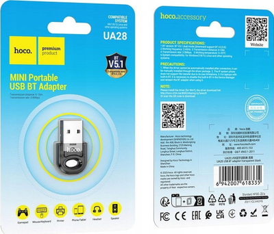 Adapter Bluetooth USB Hoco UA28, transmiter edhe receiver, Bluetooth 5.1, transparent i zi