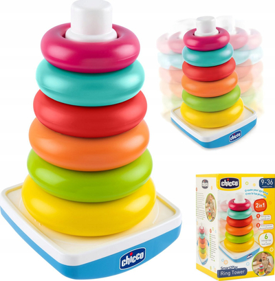 Lodër piramidë me unaza Chicco Ring Tower, 6 unaza, për fëmijë 9 36 muaj, shumëngjyrëshe