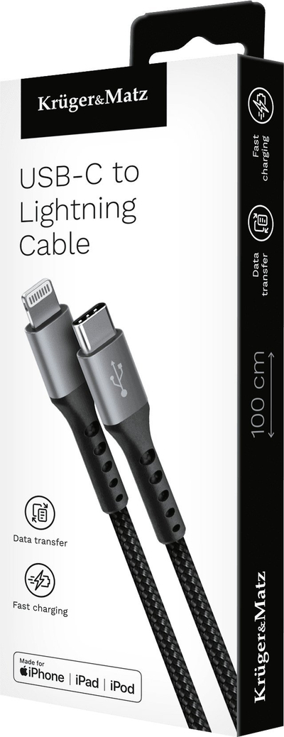 Kabllo USB Kruger&amp;Matz KM1267, USB C në Lightning, 1 m, e zezë argjendi