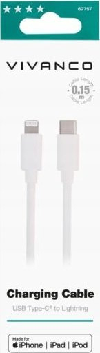 Kabllo karikimi Vivanco USB‑C në Lightning, 0.15 m, MFI, e bardhë