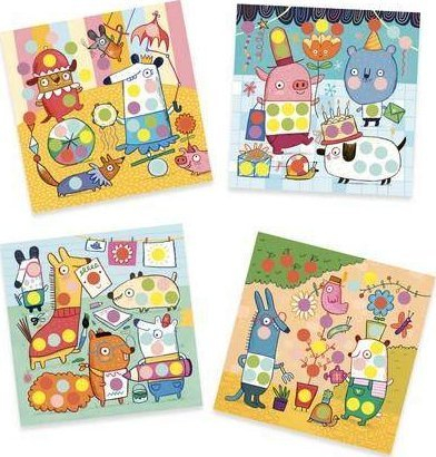 Set kreativ me ngjitësa Djeco With Coloured Dots, 16 figura, 484 ngjitësa, shumëngjyrëshe