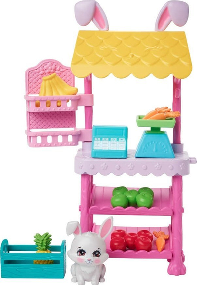 Set lodrash Mattel Enchantimals Bunny Market, kukull 15 cm, mbi 35 gjëra brenda, me shumë ngjyra