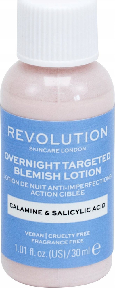 Trajtim nate për akne Revolution Skincare Overnight Targeted Blemish Lotion, me kalaminë dhe acid salicilik, 30 ml, rozë