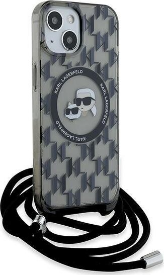 Mbrojtëse telefoni Karl Lagerfeld IML Monogram Crossbody K&amp;CH Heads, për iPhone 15, MagSafe, e zezë