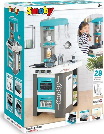 Kuzhinë lodrash Smoby Tefal Studio Bubble, me efekte zanore, 3 vjeç+, blu gri e bardhë